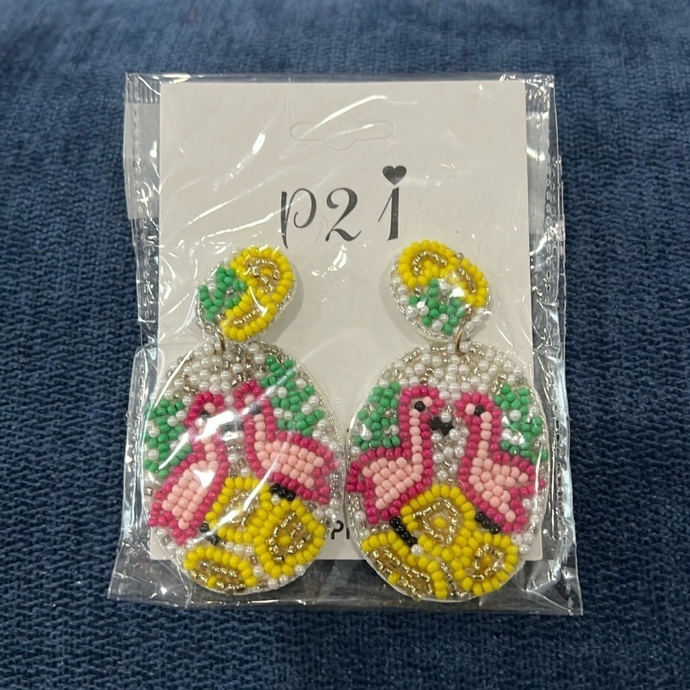 P21 Women’s Beaded Dangling Oval Beaded Flamingo Earrings Multicolored Tropical
